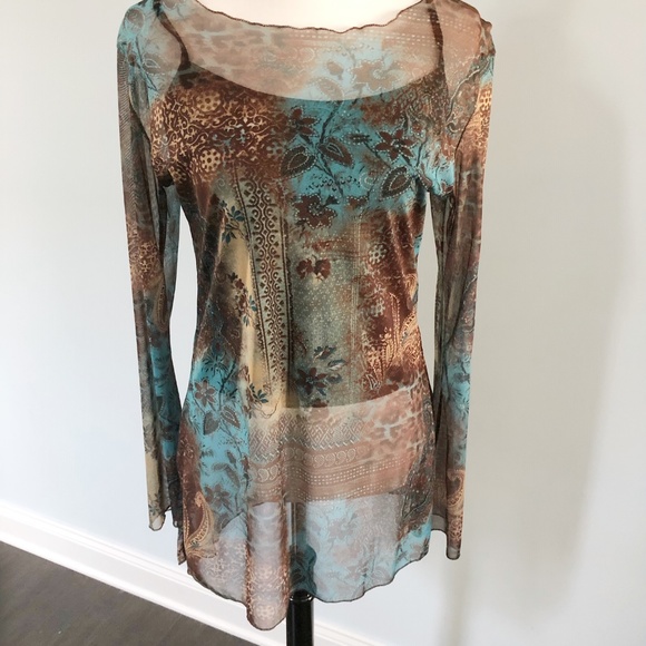 Cache Tops - NWT Cache Brown Blue Sheer Top with Tank Top M